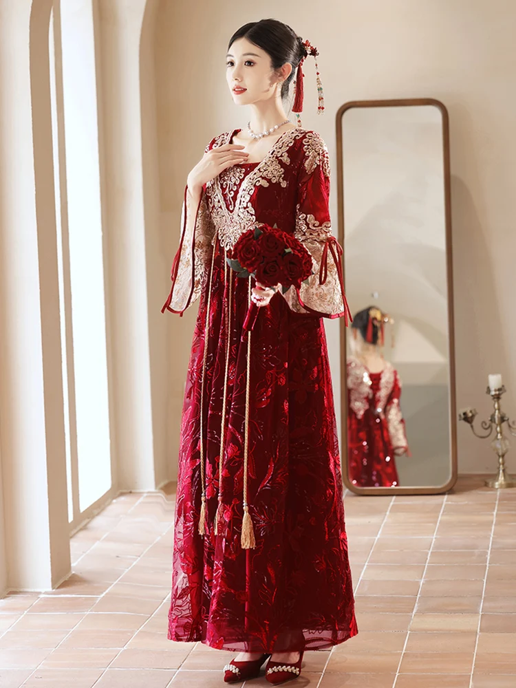 

Red Chinese Sle Wedding Dr High Waist Belly Covering Materni Qipao Ele Embroidery A-Line Skirt for Engagement Parties