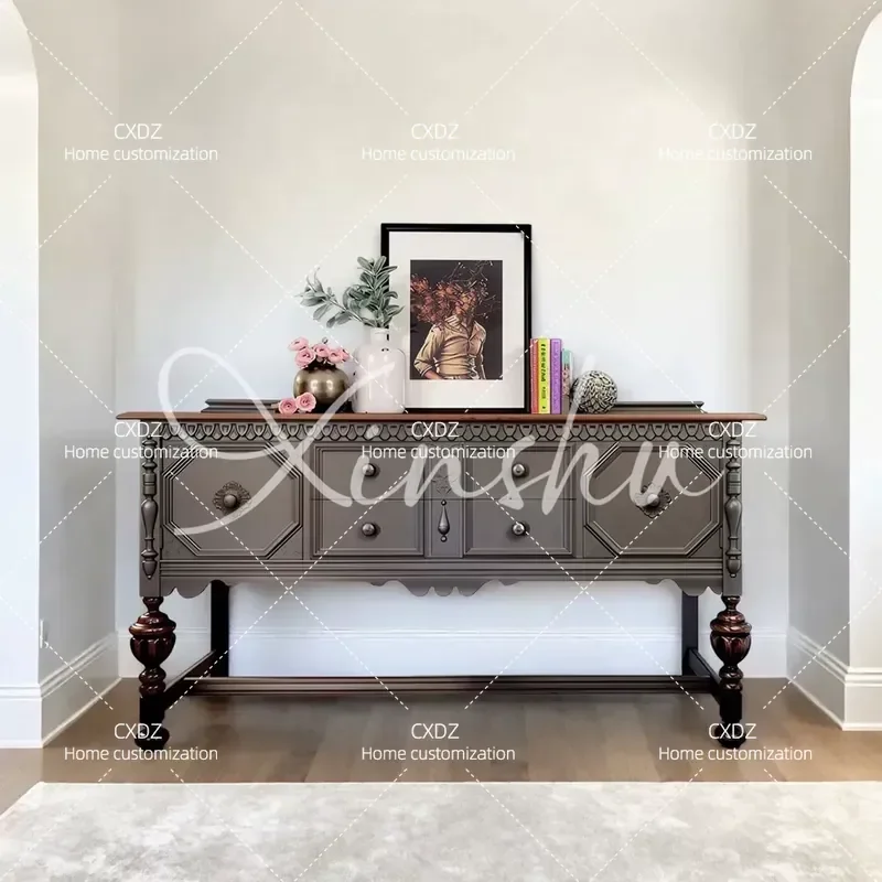 Medieval Solid Wood Dining Side Cabinet Living Room Carved Porch Cabinet Contrasting Colors Integrated Storage Against Wall