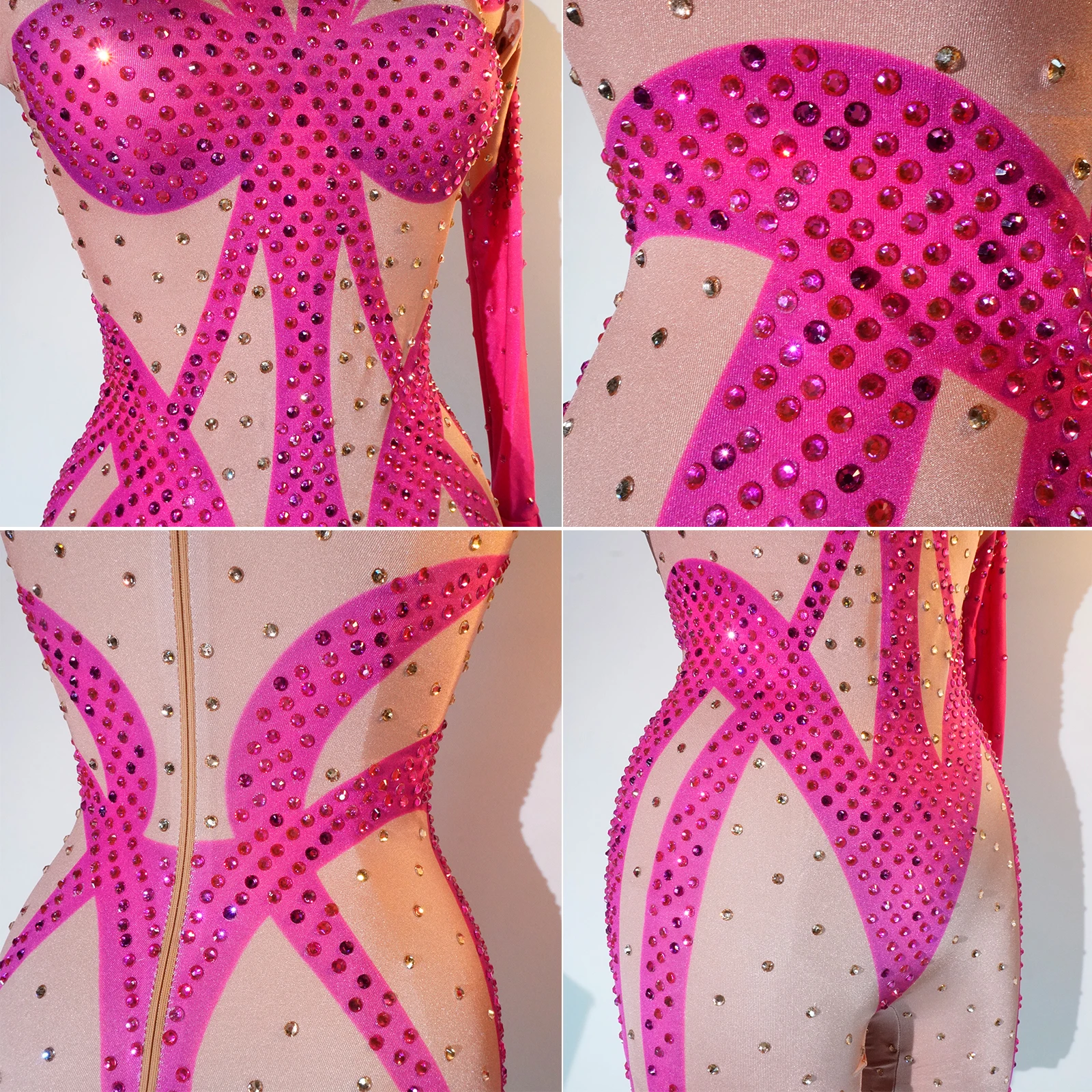 Women's sexy elegant jumpsuit rhinestone pink print stretch performance costume prom nightclub pole dancer DS Queen's stage DJ