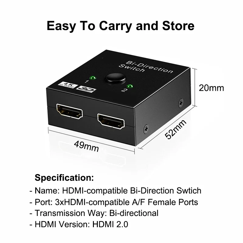 Bi Direction Switch HDTV 2.0 4K 60HZ HDTV Splitter Switcher 1x2 2x1 New Dual 2 Ports Adapter Converter Supports Ultra HD 4K