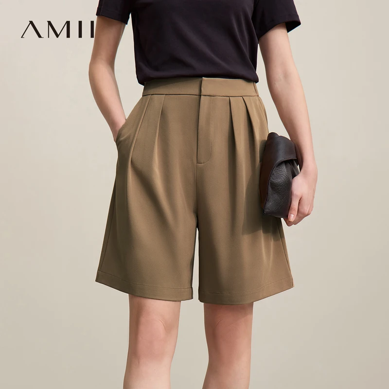 AMII Woman Shorts 2026 Autumn New Simple Commuting Pleated Zipper Wide-leg Pants Casual Shorts Women's Black Pants 12641096