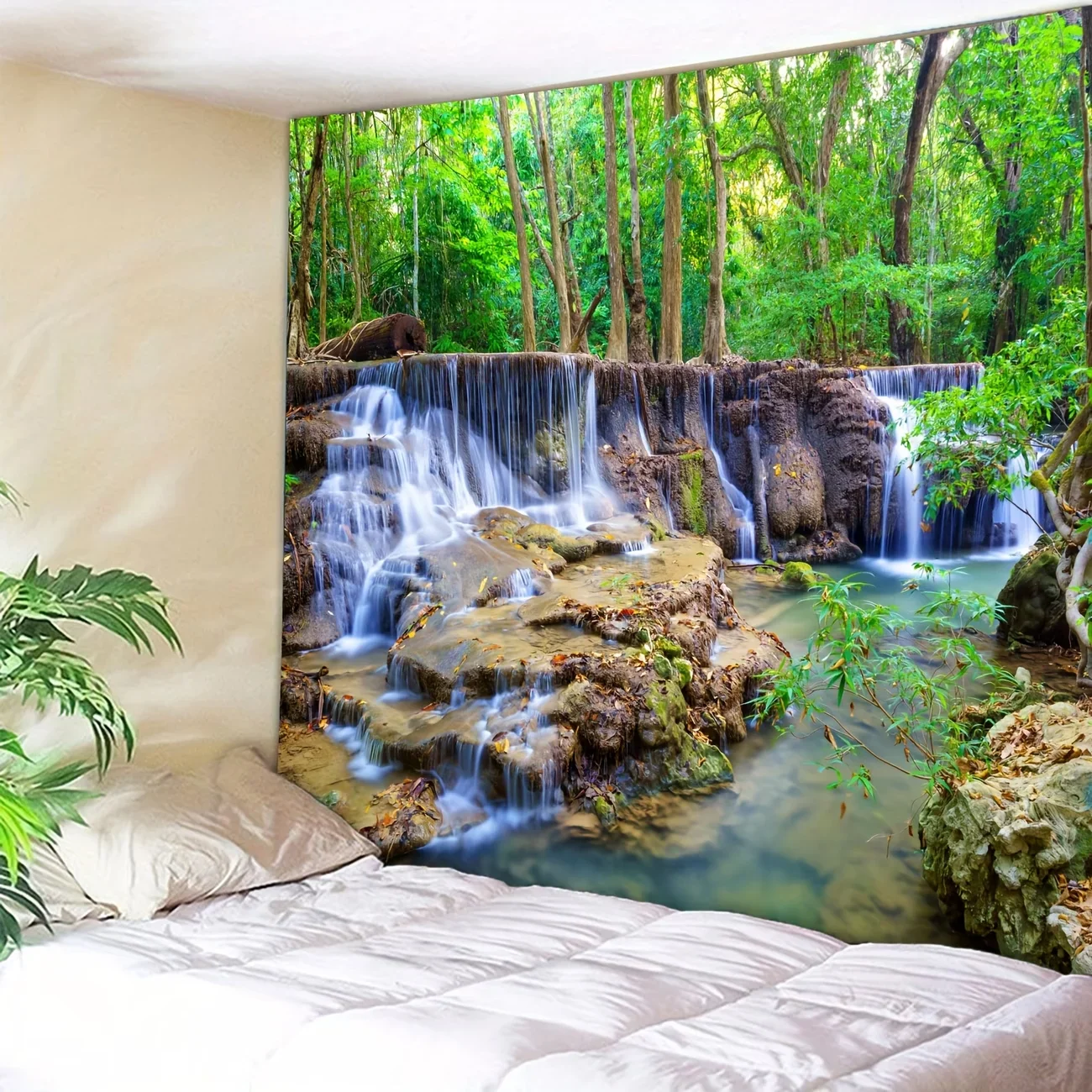 Stunning Waterfall Forest Landscape Wall Tapestry Waterproof Home Decor Art Print for Living Room Bedroom