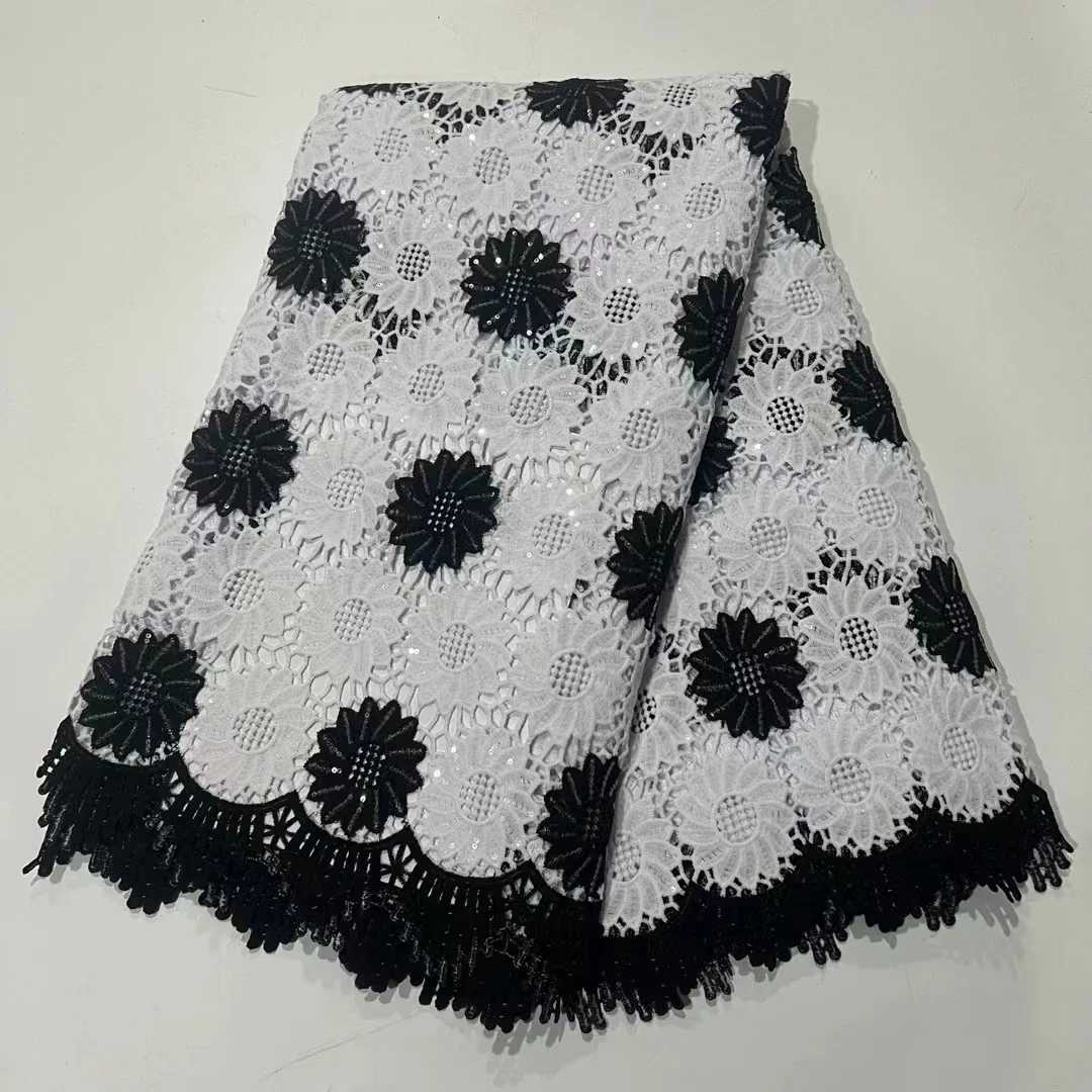 

2024 High Quality White Black Water Soluble Lace Fabric Sequins African Nigeria Guipure Cord Lace Fabric For Party Dress PR24120