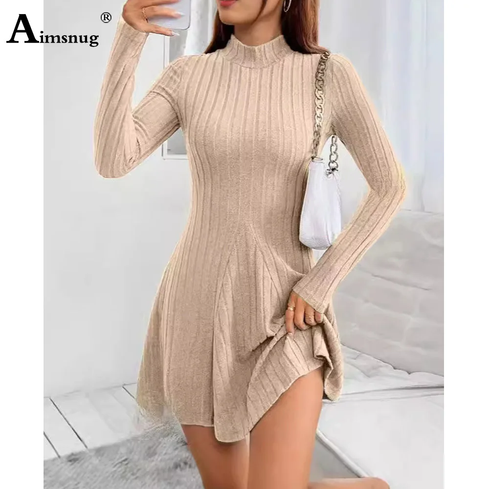 2025 Women Long-sleeved Vintage Fashion Pleated Dress Khaki Black Short Befree Dress Ladies Elegant Mock Neck Mini Dresses New