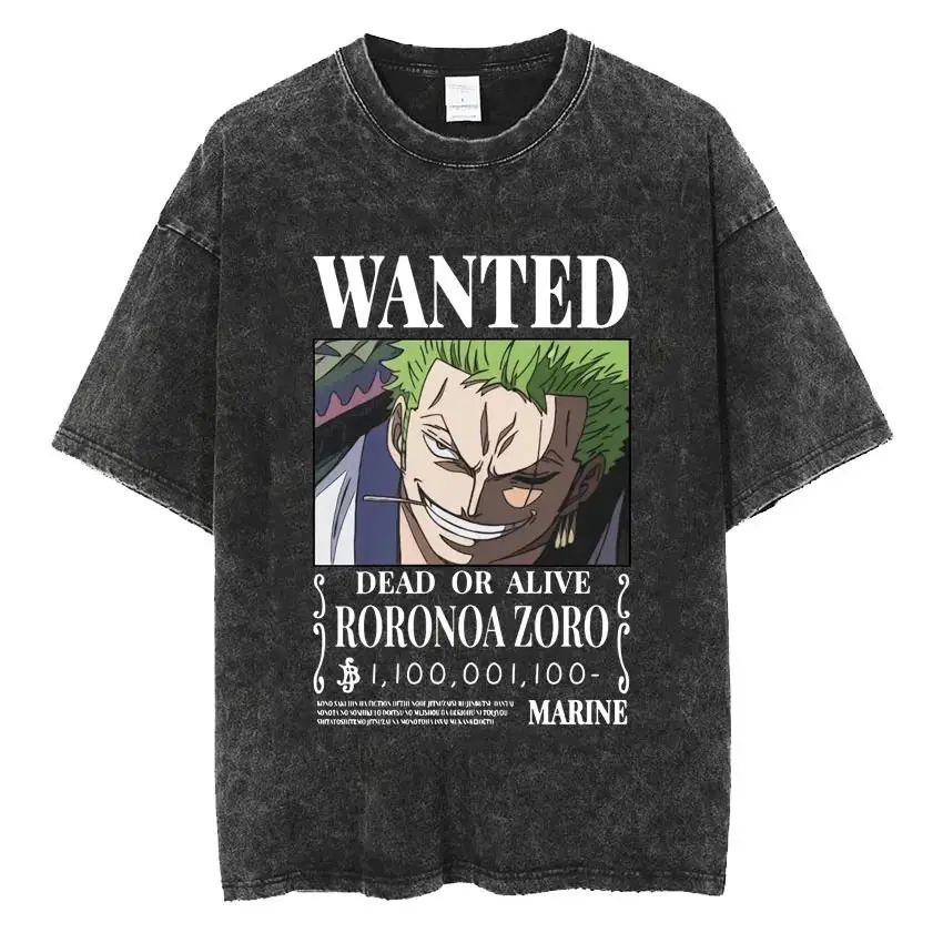 

One Piece Men Cotton T-shirt Streetwear Washed Black Oversized Short Sleeve Casual Daily Wear Roronoa Zoro Wanted Poster