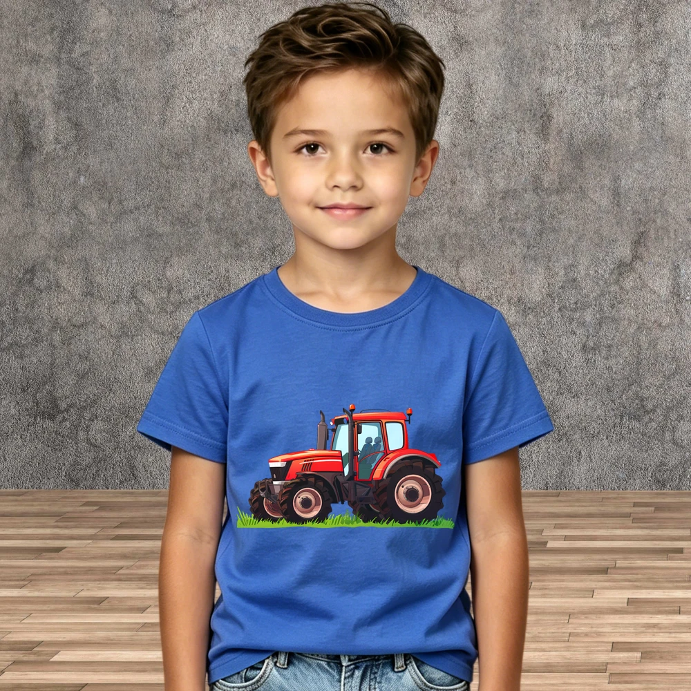 Cool Cartoon Tractor Printed Shirts Boys Pure Cotton Children Fashion Short Sleeve T-Shirt