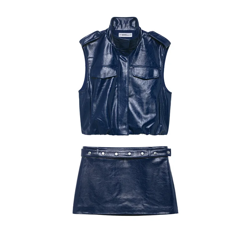 Spring New Women's Clothing Fashionable Sexy Strap Leather Vest Skirt