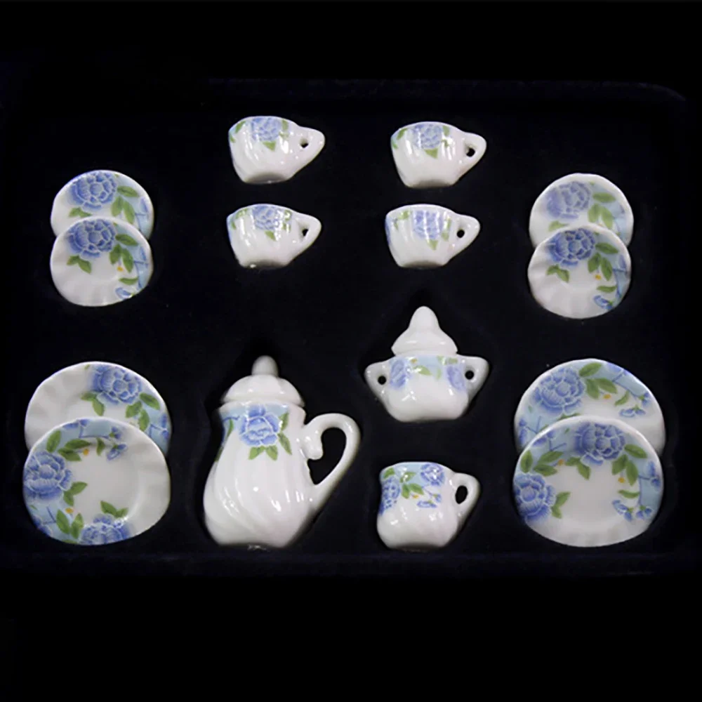 15Pcs 1/12 Dollhouse Miniature Accessories Mini Ceramics Tea Set Simulation Kettle Plate Cup Model for Doll House Decoration