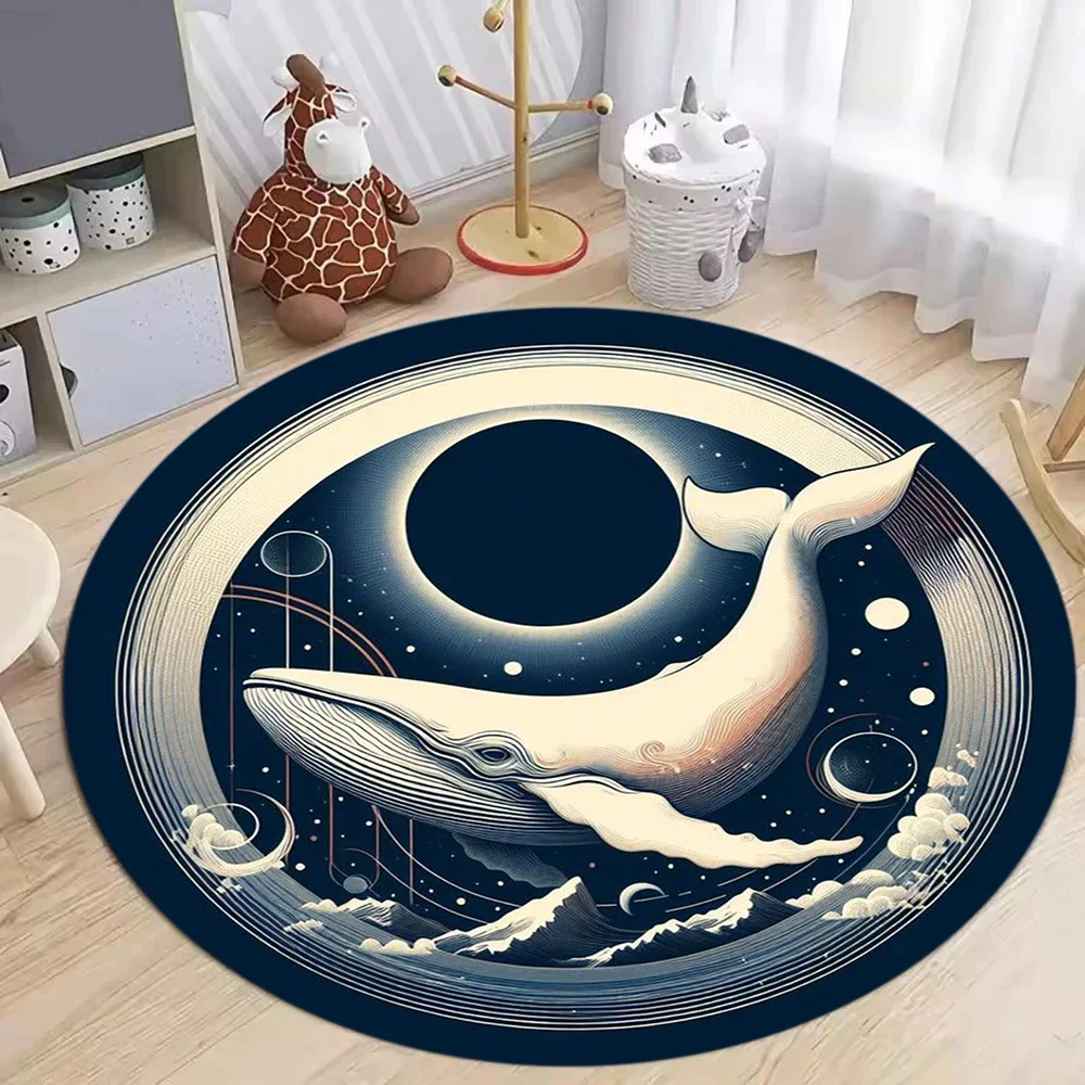 Round Moonlit Wave Blue Whale Pattern Carpet, Non-Slip Floor Mat for Kids Room Bedroom Living Room Night Sky Style Home Decor