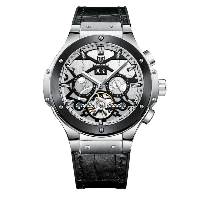 Relógio mecânico impermeável masculino, relógio Tourbillon Hollow, cinto de couro, relógio de pulso popular, oficial