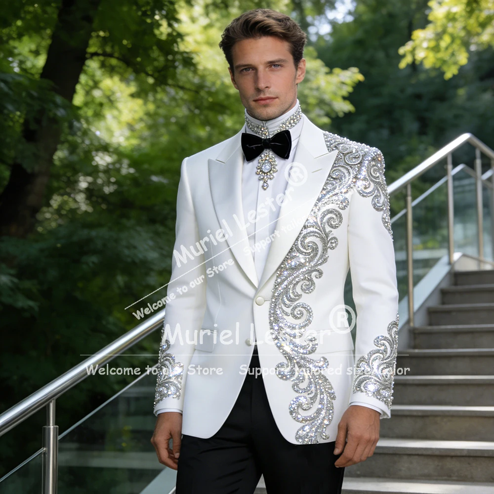 

Luxury Suits Men 2 Piece Sets Sparkly Crystals Beaded Jacket Pants Customized Groom Formal Wear Wedding Tuxedos Terno Masculino
