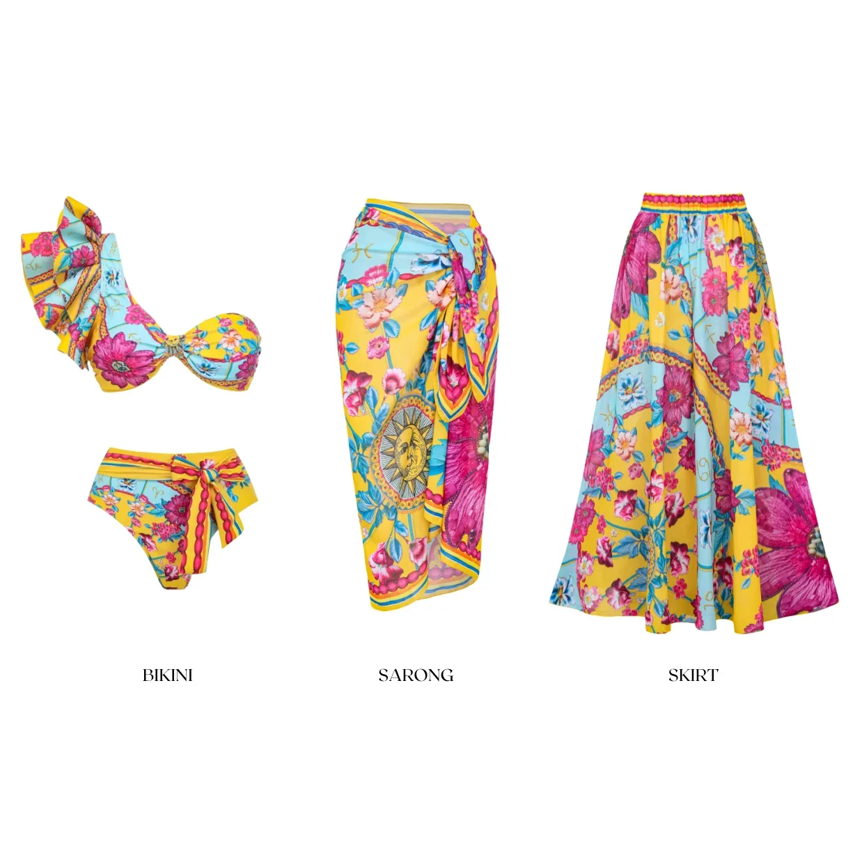 Constellation Flower Print Ruffled Bikini Swimsuit and Sarong Women Vacation Beachwear Luxury Bathing Suit