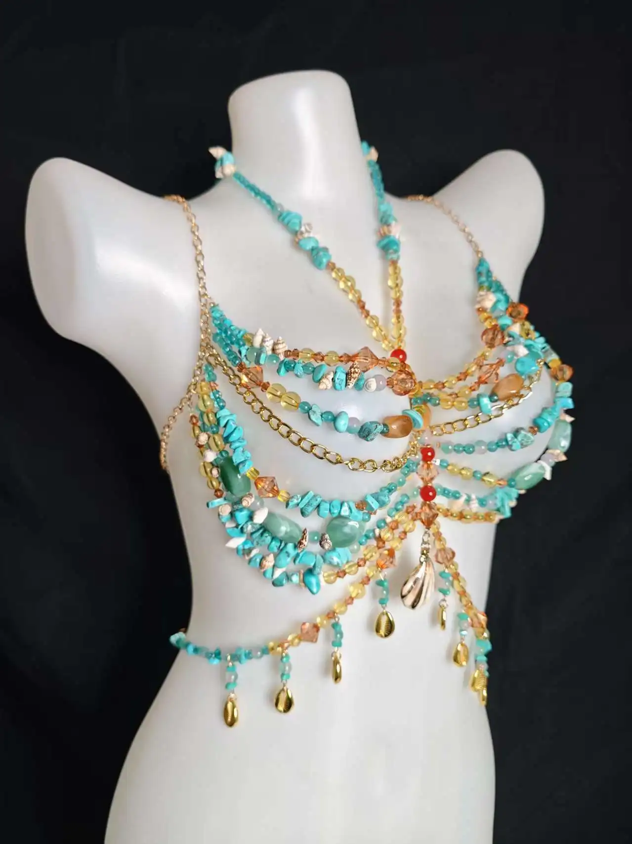Handmade Beaded Bra Halter Green Beaded Layered Lingerie Harness Bralette Beaded Women Tops Vest Neck Wedding Bridal Beachwear