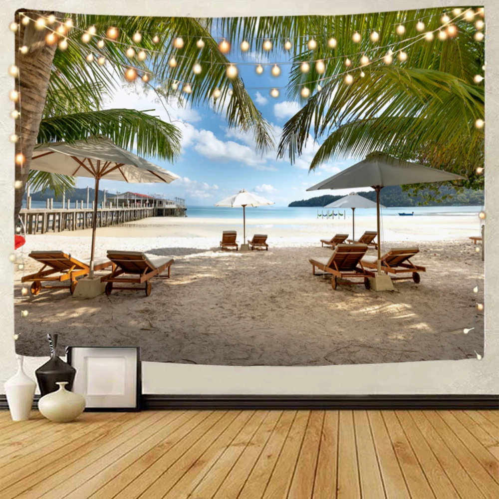 Bella vista sulla spiaggia e sul mare, paesaggio dell'albero di cocco, arazzo decorativo, casa, soggiorno, dormitorio, arazzo decorativo