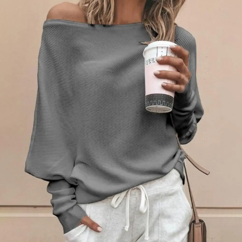 Solid Color Stretchy Women Blouse Sexy Slash Neck Batwing Sleeve Pullover Top Club Wear Long Sleeve T-shirt Top Streetwear