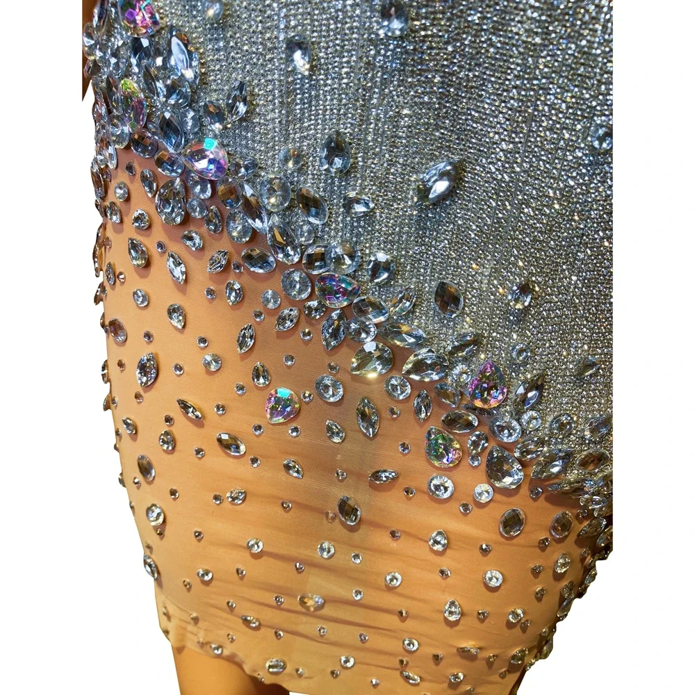 Sparkly strass Mesh See Through V Neck abito corto Singer Sexy festeggia compleanno matrimonio sera Prom Dress Show Wear