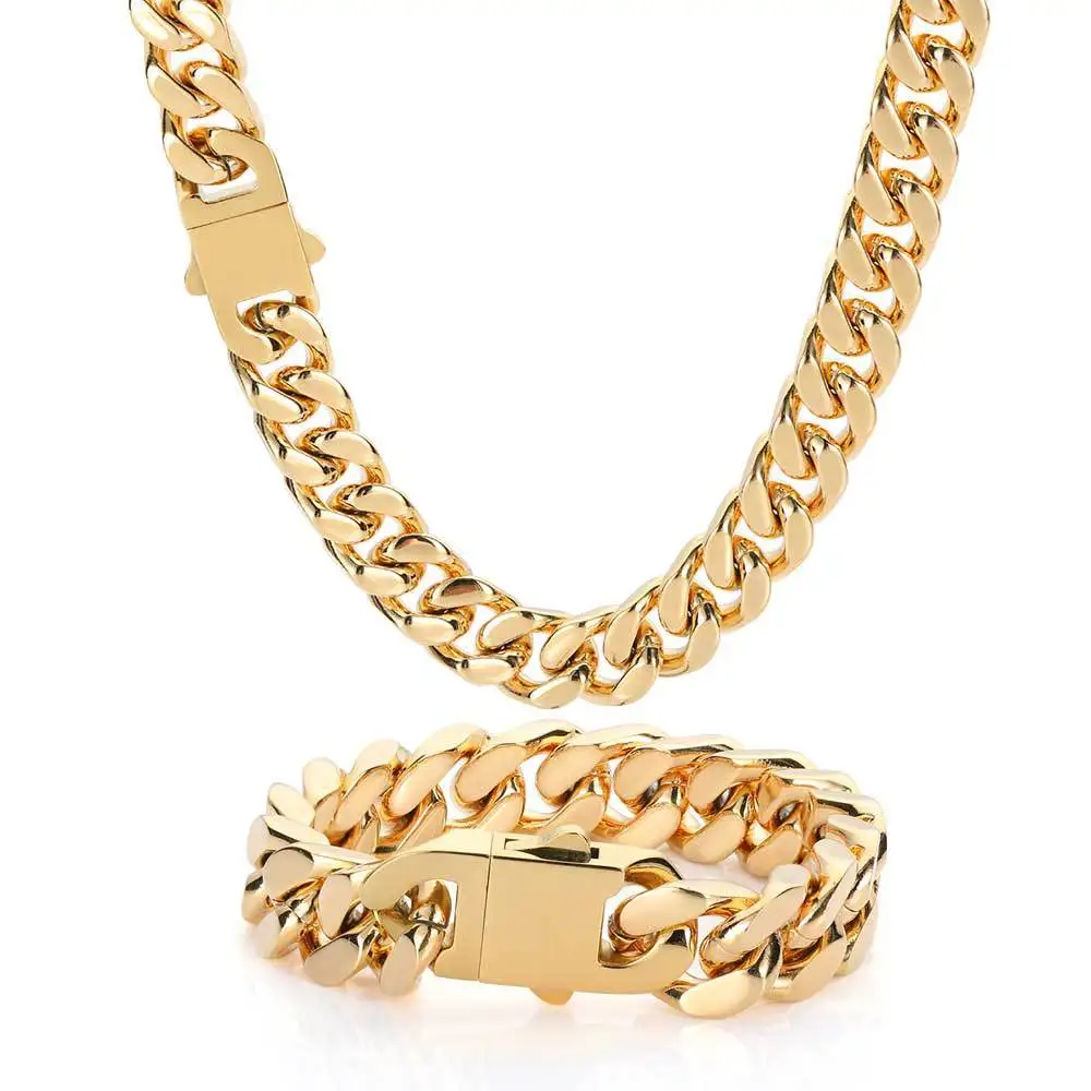 

HOYON 18K Gold Coating Hip hop Stainless Steel Cuban Chain Spring Buckle Titanium Steel Bracelet Cutting Necklace 16-30 inchs