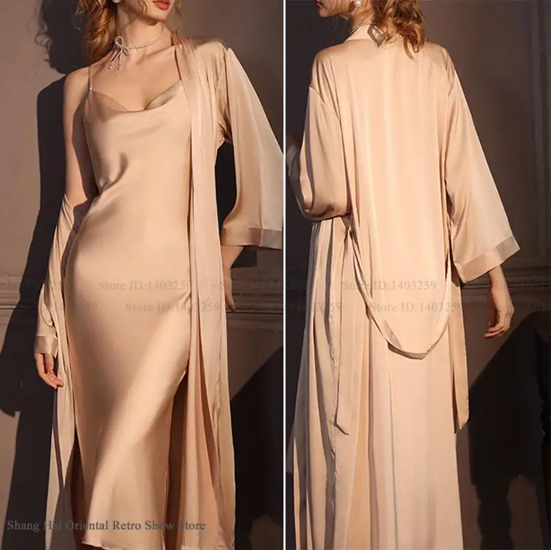 

Spring Autumn New Female Long Robe Nightgown Sleepwear 2PCS Set Ice Silk Kimono Bathrobe Gown SEXY Suspender Nightdress Homewear