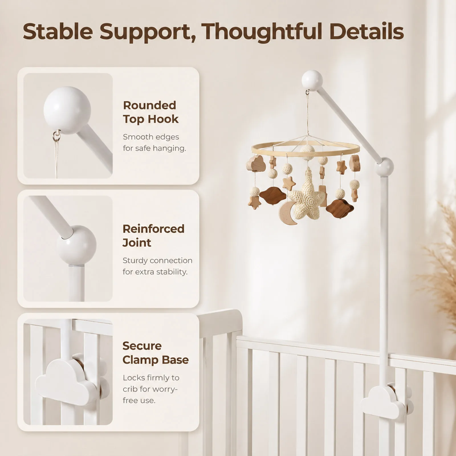 0‑12 Months Wooden Crib Mobile Holder Rotatable Adjustable Hanging Bracket Stable Mount Newborn Nursery Decor Accessory Gift