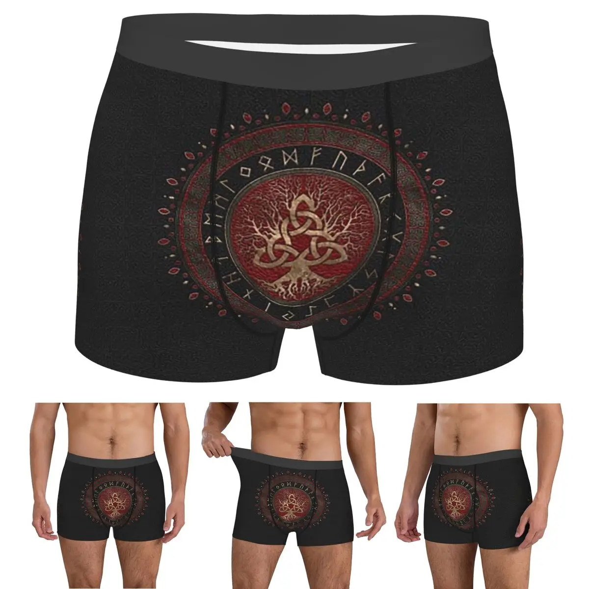 

Boxer Underpants Shorts Tree Of Life With Triquetra Black Red Leather And Gold Panties Men Breathable Underwear for Homme Man