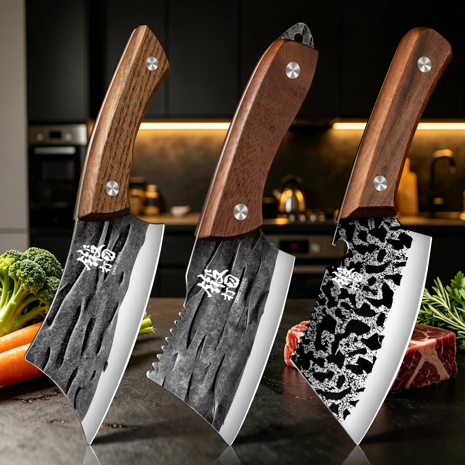 Cuchillo de Carnicero de Acero Inoxidable con Mango de Madera, Cuchillo Afilado para Cortar Carne, Pescado y Verduras, Cuchillo de Cocina para Chef