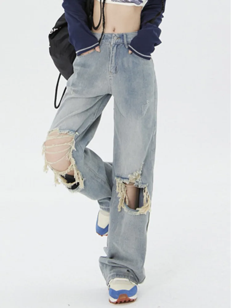 American Style Retro Hole Straight Leg Jeans Women's New 2026 Spring Autumn High Waist Slim Loose Wide Leg Pants