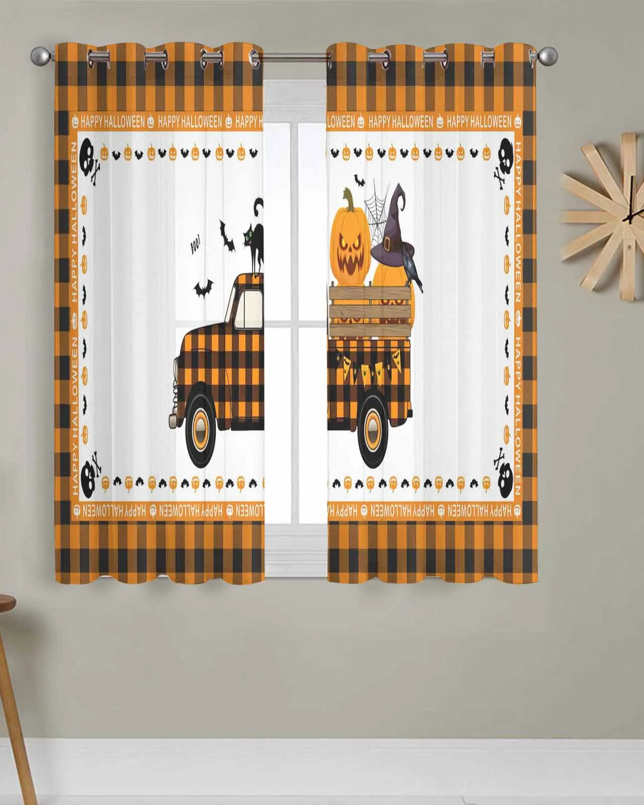 

2pcs/set Tulle Window Curtains Halloween Black Cat Truck for Living Room Bedroom Transparent Chiffon Sheer Voile Window Curtain