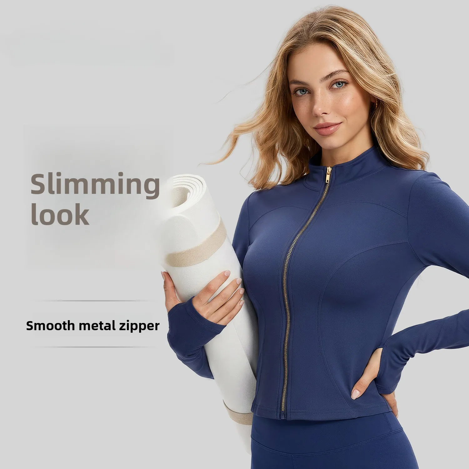 Gold Zipper Yoga Jacket Slim Skinny Yoga Clothing Long Sleeve Stand-Up Neck Sports Fitness Tights