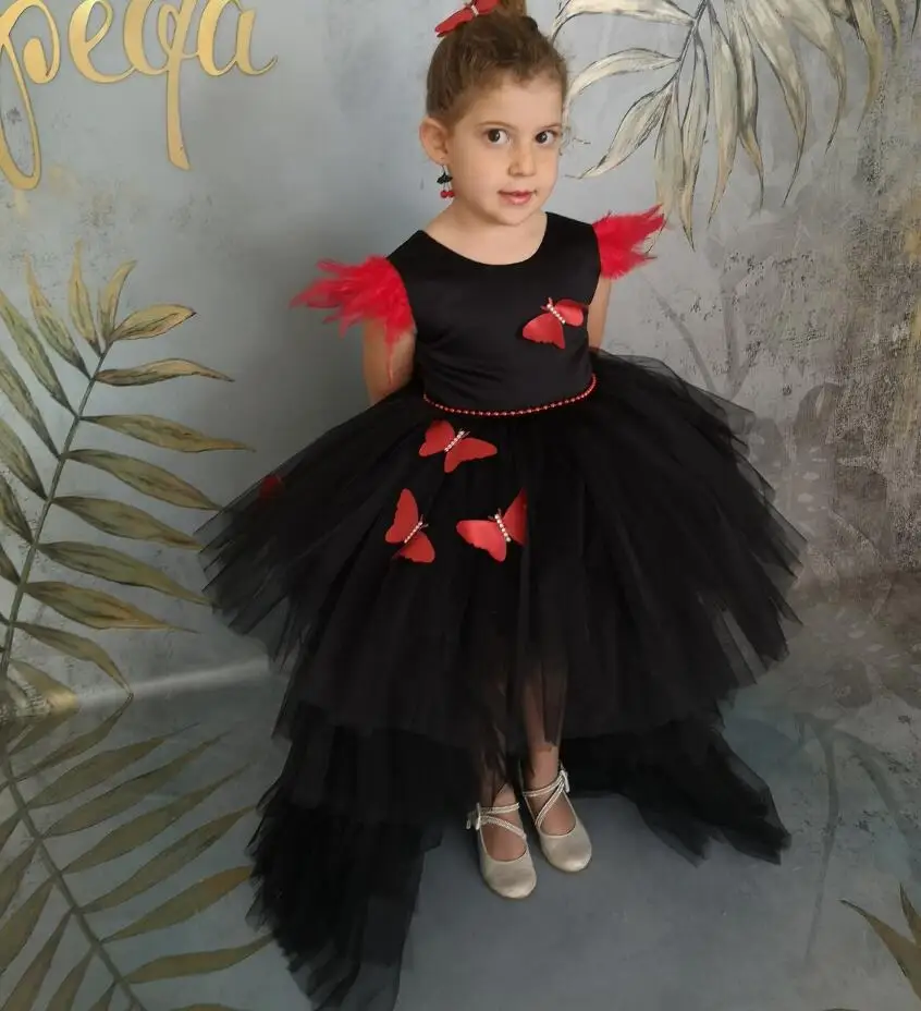 Black Puffy Tulle Kids Birthday Dress Feather Sleeve Princess Wedding Event Pageant Dresses Prom Gowns