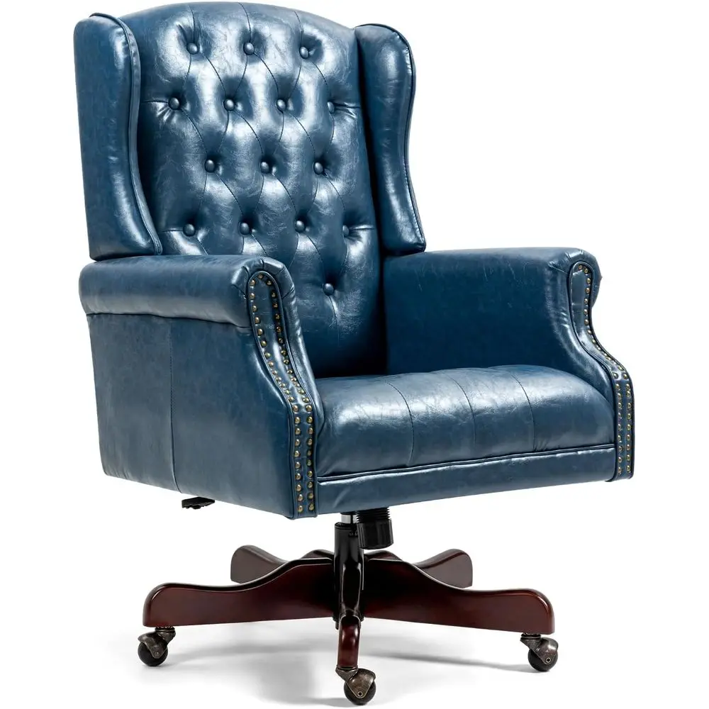 

Leather High-Back Wingback Chair with Nail Trim for Home Office and Living Room, Deep Blue