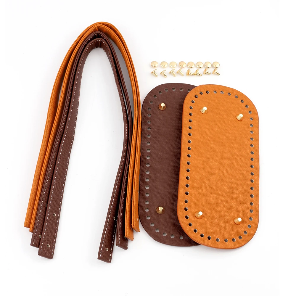 DIY Crochet Bag Bottom Handles Set Leather Handbag Strap Purse Replacement Belt with Rivets for Women Tote Bags Accessories