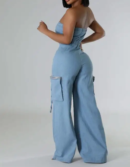 أزياء الصيف مثير فتاة نمط حمالة بذلة الدنيم المرأة العصرية زر حتى الجبهة عالية الخصر سليم صالح واسعة الساق بذلة #1