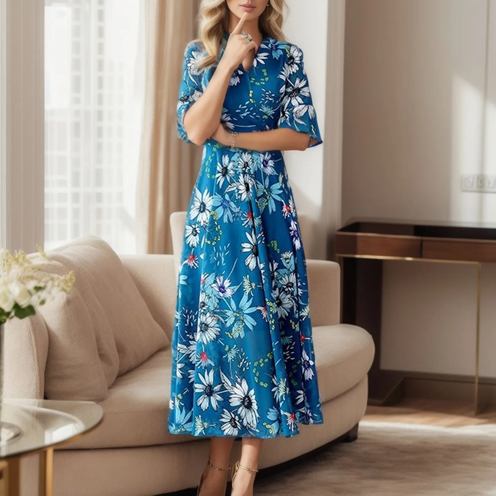 

Women Floral Printed Short Sleeve Dress Casual Fashion A Line V Neck Slim Elegant Long Dresses Sundress Vestidos Clothing