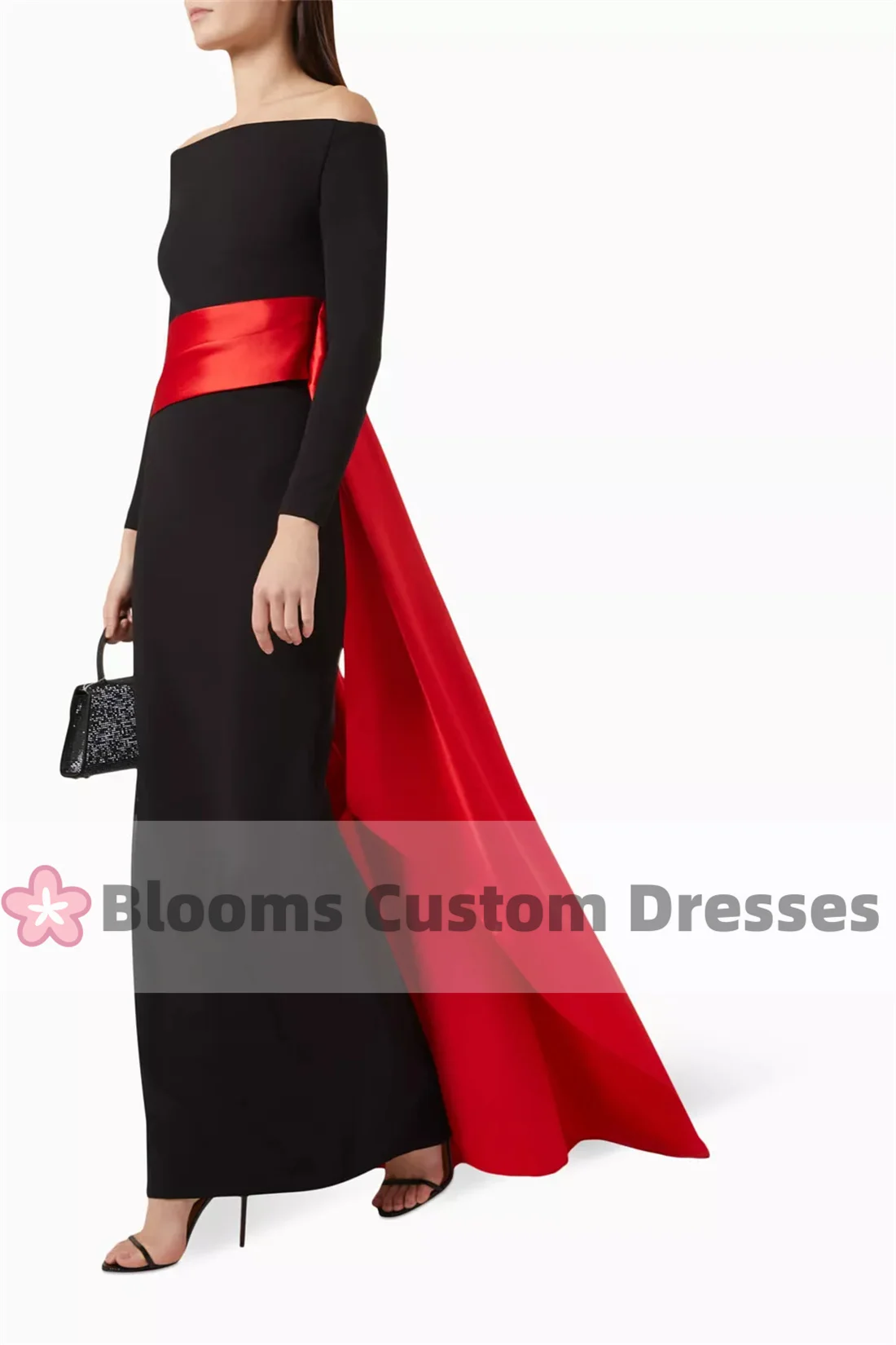 Blooms Black Crepe Red Satin Evening Dresses 2024 Long Sleeve Simple Party Gown Off Shoulder Prom Dress robes invitée mariage