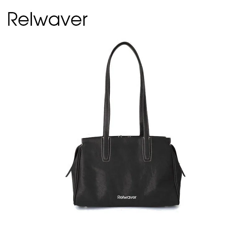 Relwaver women tote bag genuine leather shoulder bag 2024 winter tree cream leather commuting ladies handbag big black women bag