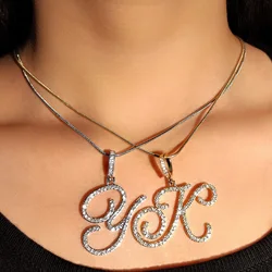 Hot A-Z Initial Cursive Letters Pendant Necklace For Women Gold Silver Color Shiny Rhinestone Metal Chain Necklace Jewelry Gift