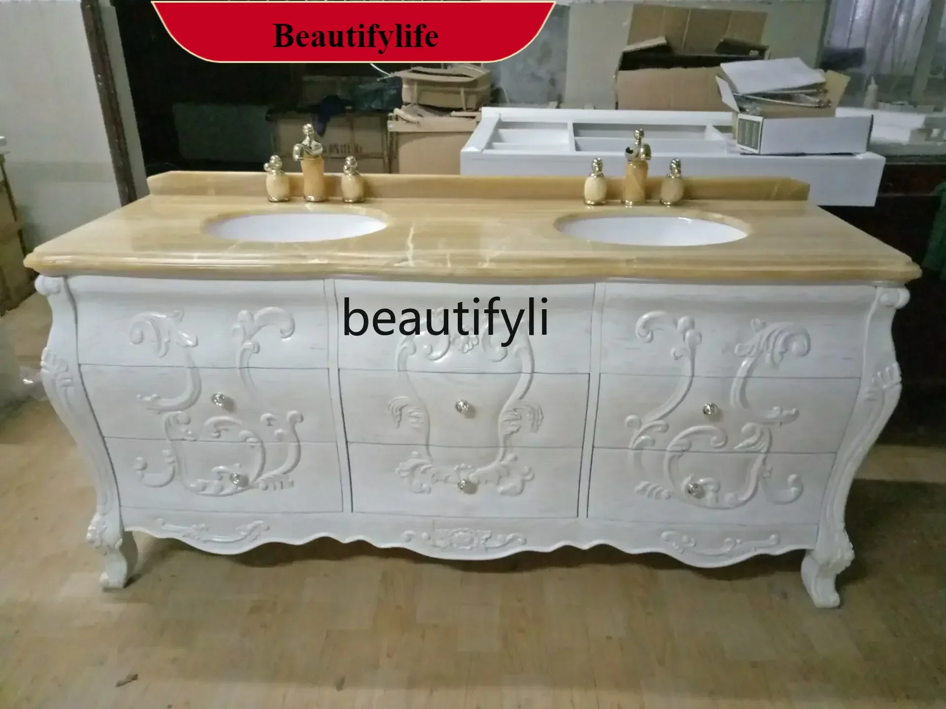 

A185 European-Style Curved Oak Bathroom Cabinet Combination Solid Wood Hand Washing Bathroom Cabinet Double Basin Marble