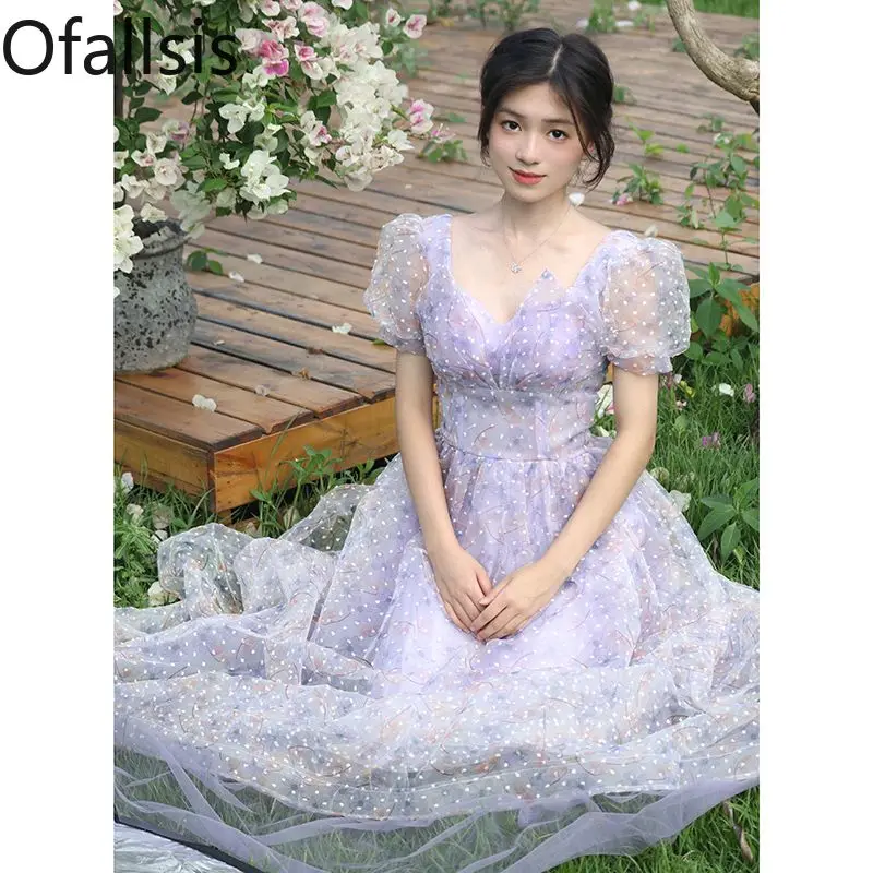 Ofallsis Purple Puff Sleeve Mesh Stitching Evening Dress 2024 Spring New Graduation Art Exam Light Luxury Gift Birthday Dresses