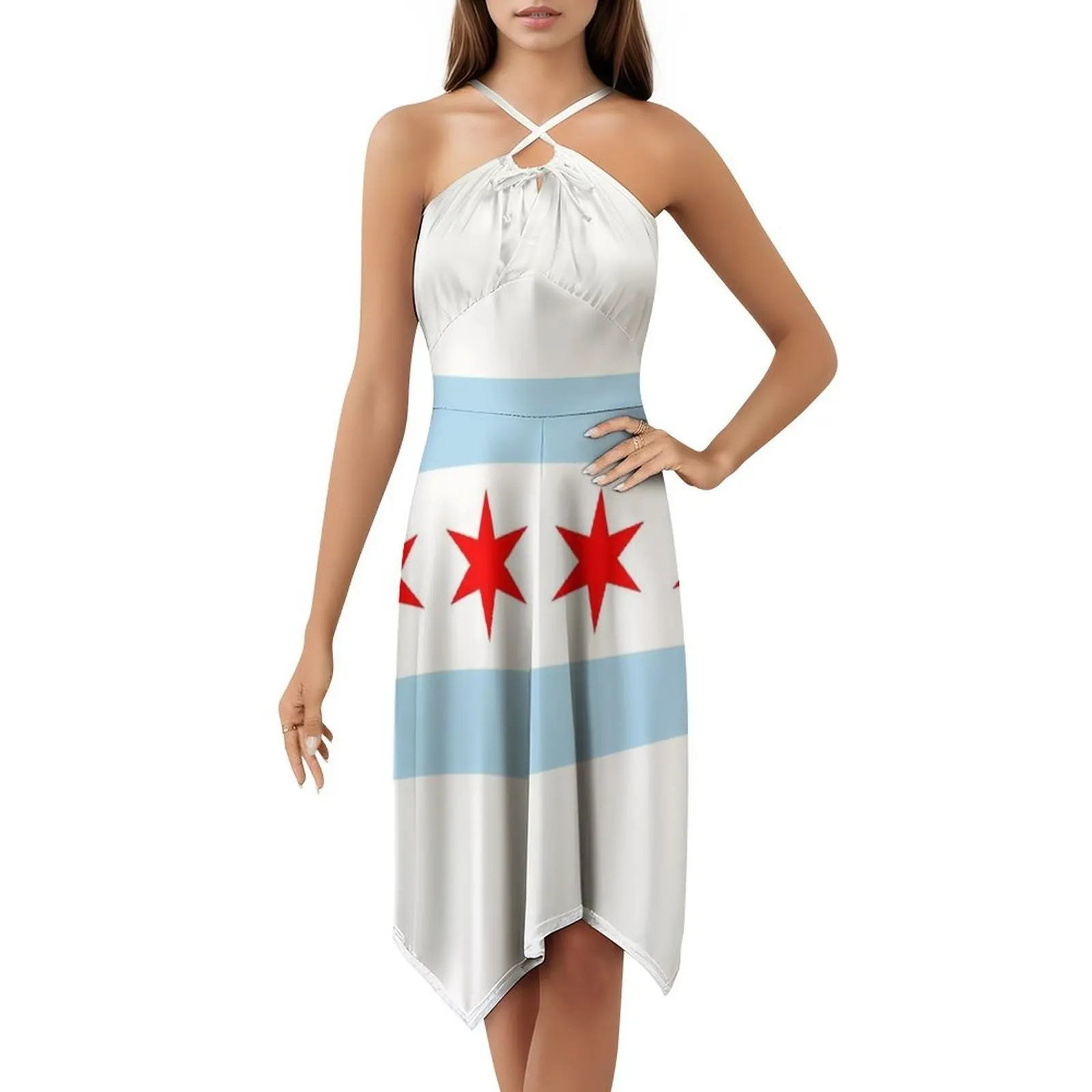 علم شيكاغو فستان بوهيمي عتيق بأكمام منتفخة أو خيارات بلا أكمام للنساء فستان شيكاغو علم شيكاغو إلينوي شيكاغو