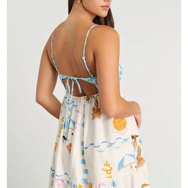 Combhasaki ผู้หญิงฤดูร้อนแขนกุดปรับสายรัด Backless Cutout สแควร์คอความงามพิมพ์ดอกไม้ Flowy A-Line ชุดยาว