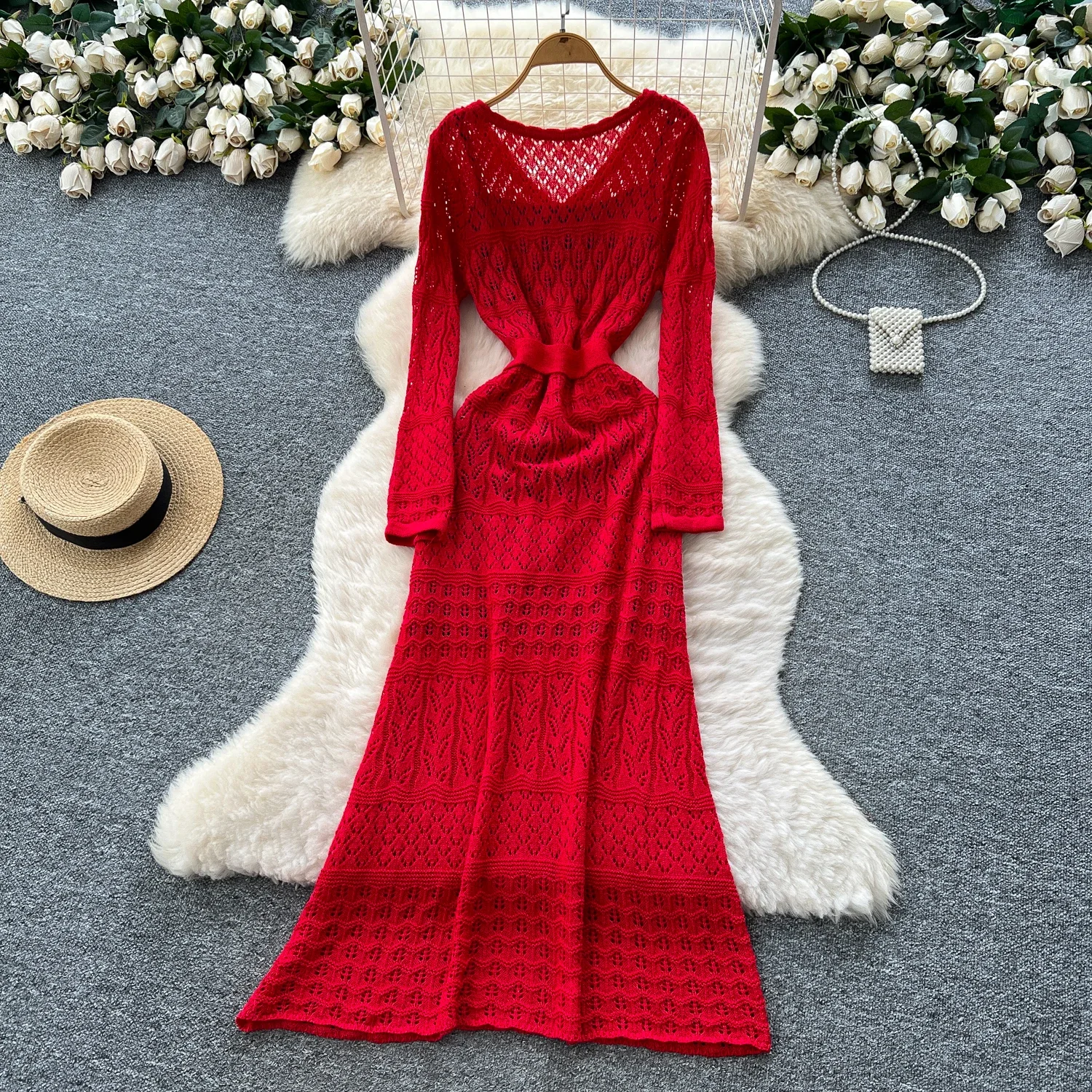 Chic vintage scollo a V telai in maglia scava fuori Elegante fata moda coreana Boho vestito estivo autunno abbigliamento donna Abito lungo