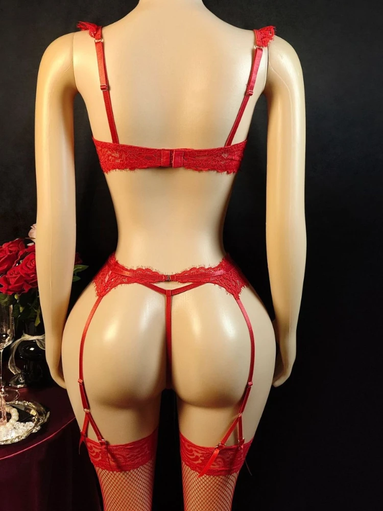 SsTss المرأة الأحمر 3 قطعة الدانتيل مجموعة الملابس الداخلية رفع البرازيلي واللباس الداخلي الرباط حزام المثيرة الملابس الداخلية مثير الملابس الحميمة ملابس النوم