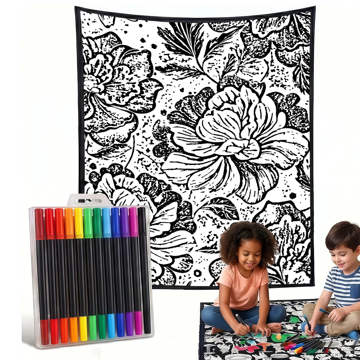 White Black Gold Florals DIY Cozy Coloring Blankets -24 Markers, Cozy Velvet Ideal For Daily Use Home Decor And Kids Spaces