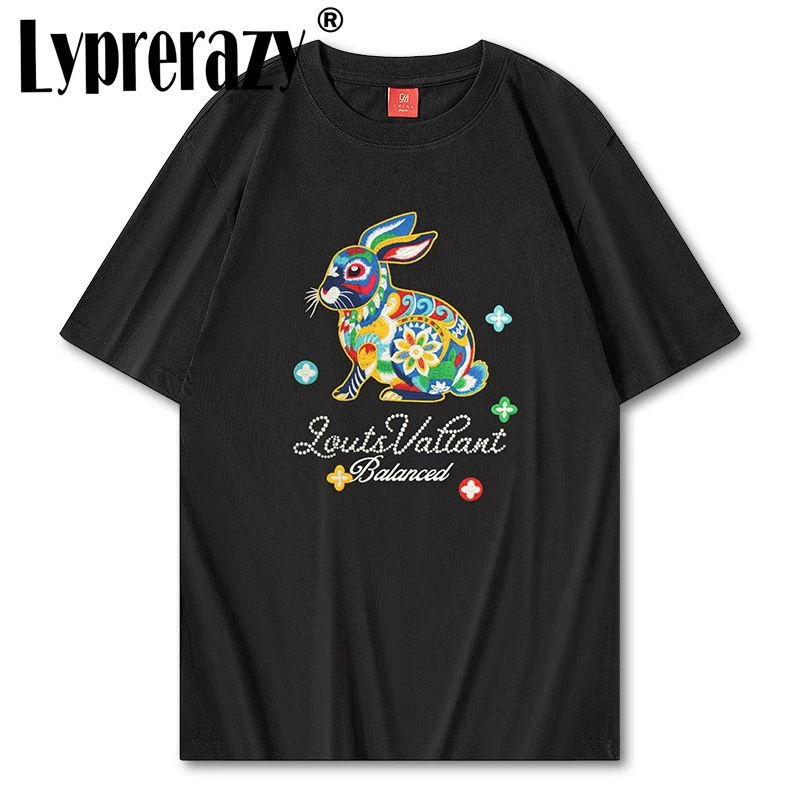 Lyprerazy National Trend Loose Shine Rabbit Embroidery T-shirt Oversized Round-neck Short-sleeved Top Tee