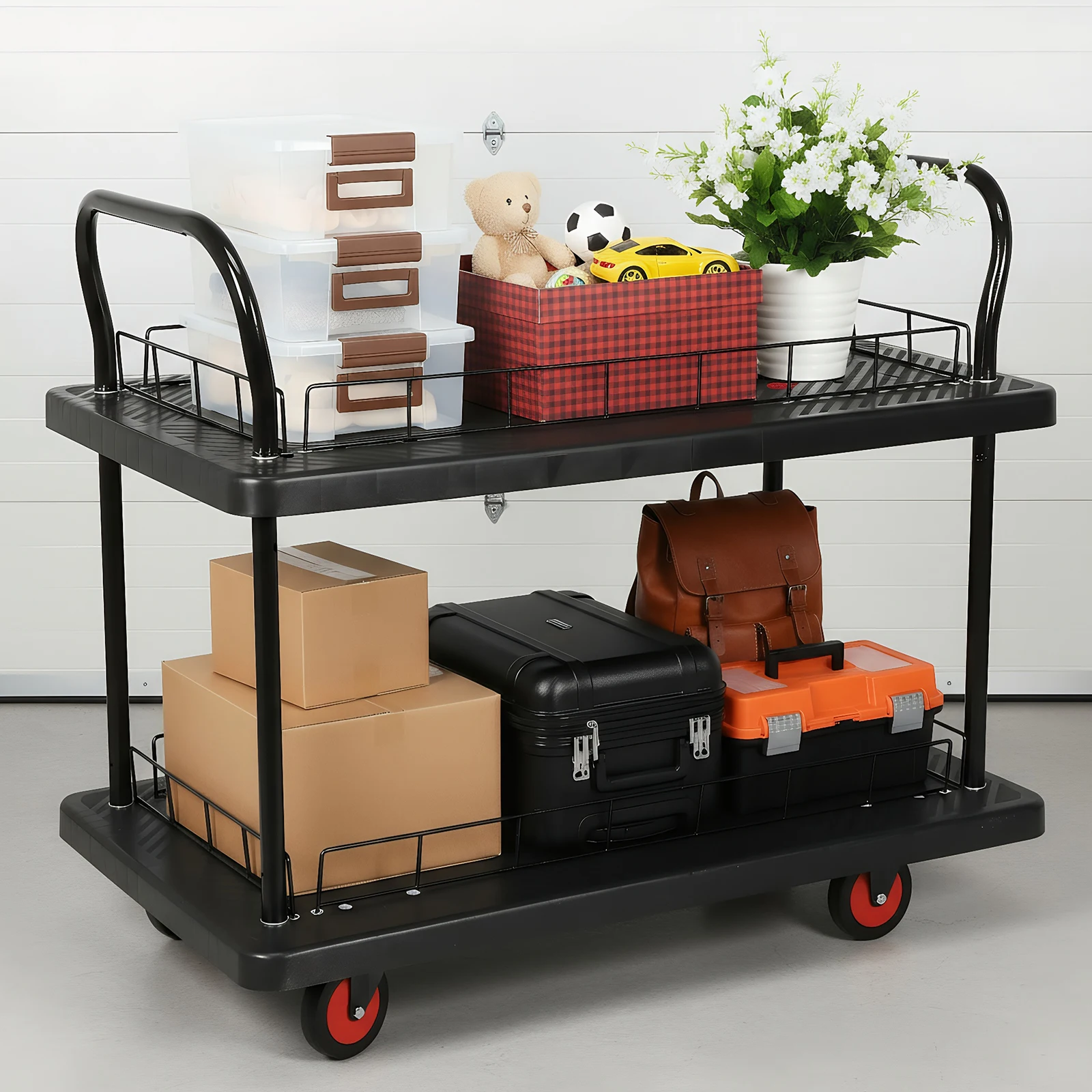 2 Tier Multipurpose Mobile Utility Cart 880lbs Capacity Serving Cart with Wheels for Warehouse/Garage/Cleaning/Manufacturing