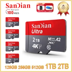 Micro TF e cartão SD originais, Mini cartão de memória Flash para adaptador SD, 512GB, 256GB, 128GB, 1TB, A2, C10, USB, 2TB, 100 mbps