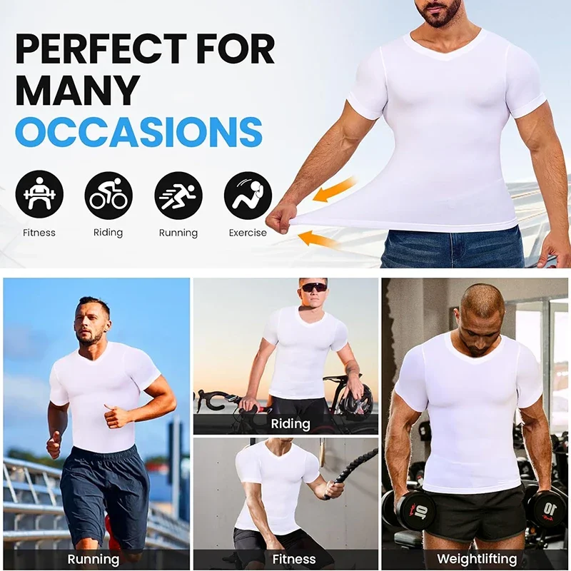 Men\'s Body Shaper Compression Tank Tops V-Neck Short Sleeved Slimming Undershirt Workout Abs Abdomen Tummy Control Shapewear