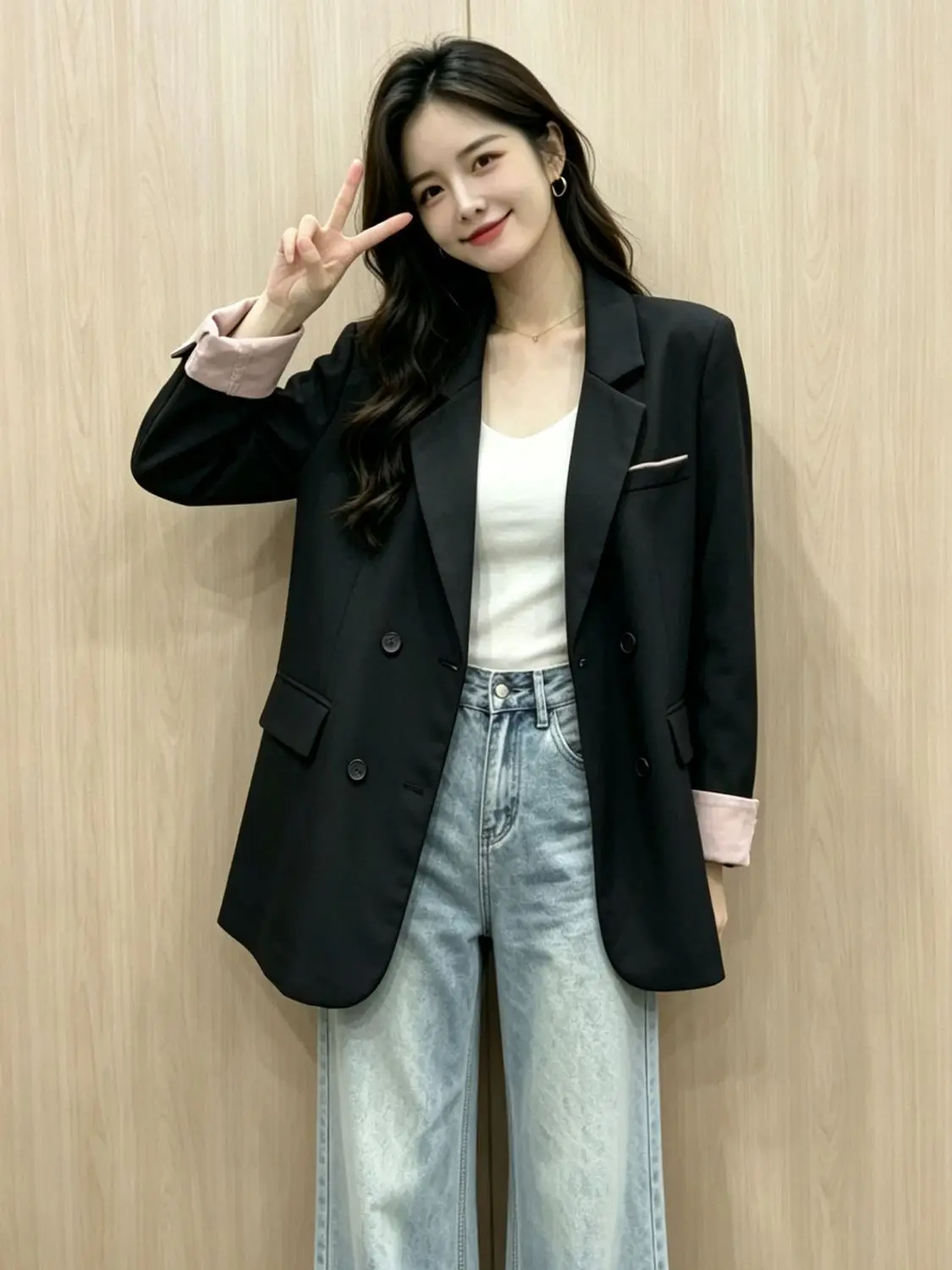 Women's fashion contrasting color double-breasted blazer 2026 new Korean version loose casual suit