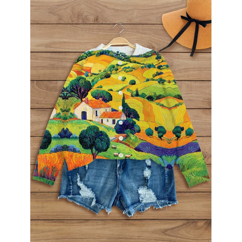 

Oil Painting Pastoral Digital Print Women's Knit Cardigan Thick & Loose-Fitting Crew Neck Long Sleeve Autumn/Winter Casual Style