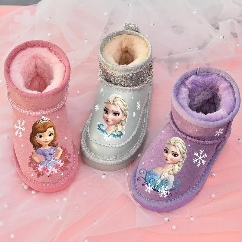 Disney Princess Girls Frozen Winter Snow Boots Water Shoes Non-slip Purple Rose Red Warm Shoes Size 26-37